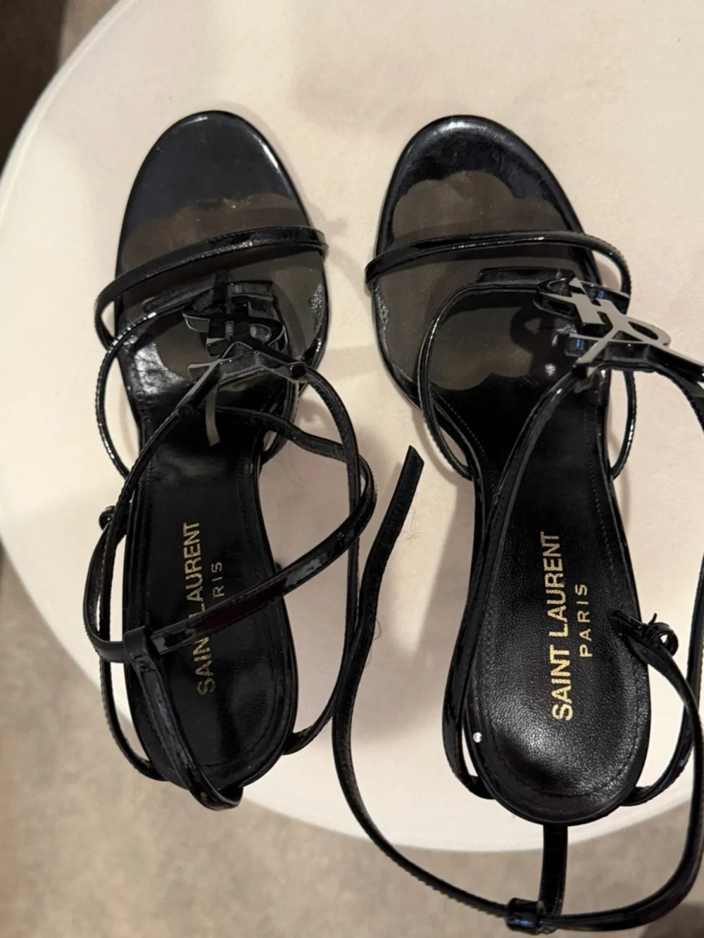Saint Laurent Black Patent Leather YSL Logo Strappy Heels - Picture 5 of 7